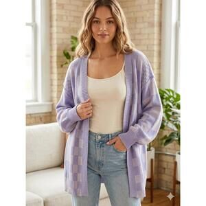 Anniewear Lavender Checkered Open Front Cardigan Sweater L